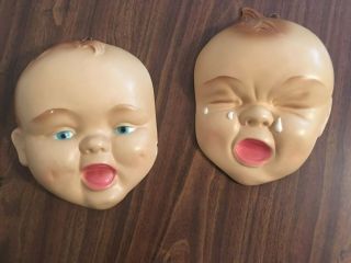 Chalkware Baby Faces Plaster Vintage Nursery Wall Hanging Dimples Happy Sad 2