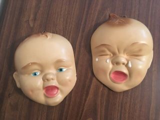 Chalkware Baby Faces Plaster Vintage Nursery Wall Hanging Dimples Happy Sad 3