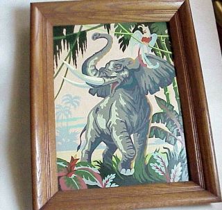 Vintage Elephant Paint By Numbers Picture W Oak Frame.