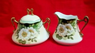 Vintage Royal Rudolstadt Prussia White Roses Porcelain Creamer And Sugar