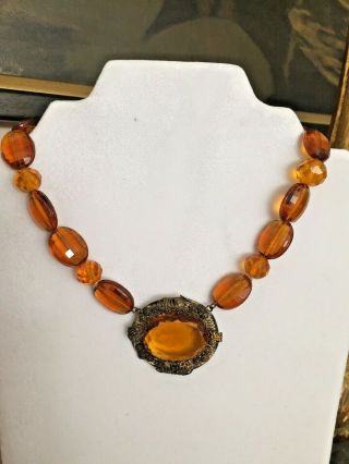 Vintage Art Deco Czech Amber Topaz Glass Large Pendant Necklace 16 "