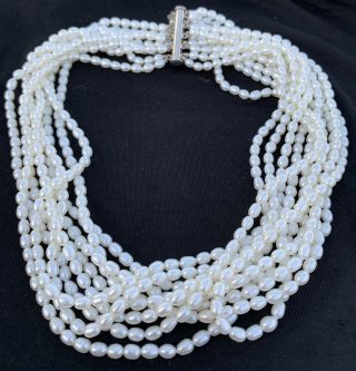 Vintage 10 Strand Freshwater Pearl Choker Necklace 925 Sterling Silver 18 "
