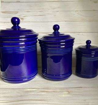 Set Of 3 Vintage Style Cobalt Blue Ceramic Lidded Jar Canisters