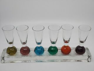 Vintage Set Of 6 Cordials Shot Glasses With Colored Bubble Ball Bottom Bases