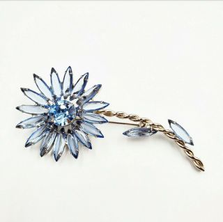 Vintage Blue Rhinestone Open Back Setting Skinny Navette Flower Pin Twisted Stem