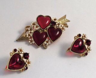 Vintage Heart & Daisy Flower Gold Tone Brooch And Earring Set