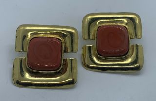 Vintage Fps Frances Patiky Stein Gold Plate Orange Glass Square Clip Earrings