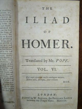 1720 The Iliad Of Homer Translated By Pope Vol Vi Achilles Hector Troy Minerva^
