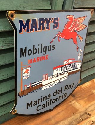 OLD VINTAGE 1947 MARY ' S MOBILGAS MARINE PORCELAIN GAS STATION PUMP SIGN MOBIL 2