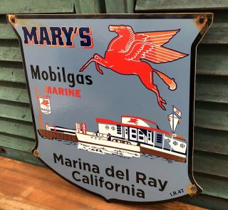 OLD VINTAGE 1947 MARY ' S MOBILGAS MARINE PORCELAIN GAS STATION PUMP SIGN MOBIL 3