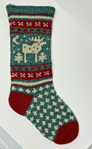 Hand Knit Wool Large 25 " Christmas Stocking Green Red Gray Vintage
