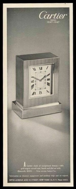 1948 Cartier Gold & Diamond Clock Photo Vintage Print Ad