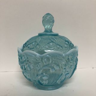 Vintage Fenton Art Glass Lily Of The Valley Blue Opalescent Covered Candy Dish