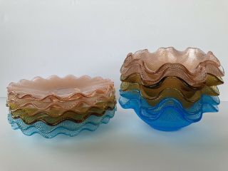 Vintage Stippled Ruffled Edge Depression Glass Bowls Plates 12 Piece Set Pastel