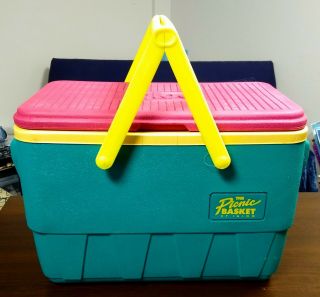 Vintage Igloo The Picnic Basket Cooler Teal Pink Yellow Handles Bright