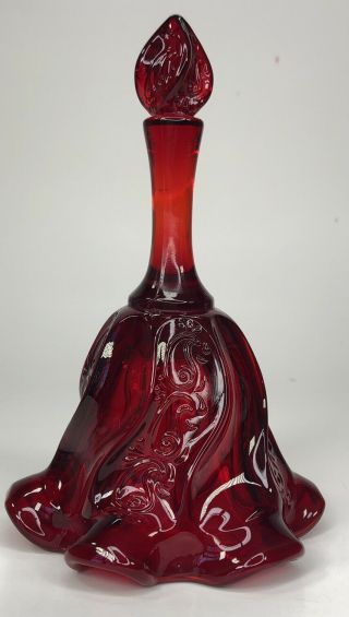 Vintage Fenton Ruby Red Glass Bell Ruffled Edge Embossed Scroll Amberina Stem 7 "
