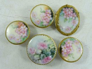 Antique Limoges France Porcelain Hand Painted Pink Flower Pin Brooch Button Set