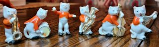 Vintage Hand - Painted Porcelain Cat Musicians - Set Of Six - Japan