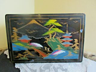 Vintage Japanese Music Jewelry Box Hand Painted Wood Lacquer Mt Fuji Scene Toyo