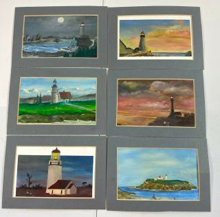 Vintage Small Paintings Lighthouse Seascapes Matted Set Of 6 Signed