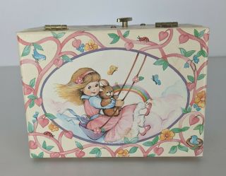 Vintage Children ' s Music Jewelry Box Dancing Ballerina Girl on Swing w/Bunny 3