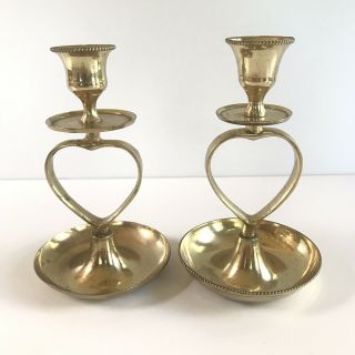 Set Of 2 Vintage Brass Heart Shape Candlestick Holders Drip Pan Taper Candle