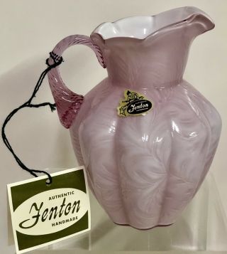 Vintage Fenton Pink & White Swirl Cased Melon Glass Milk Pitcher W/ Tag Sticker