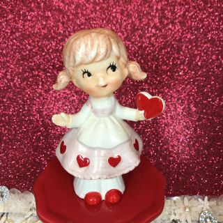 Vtg Lefton Valentine Pigtail Girl In Pink Dress Holding Red Heart Figurine Japan
