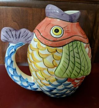Wcl Vintage Koi Fish Water Pitcher 9 " Multi Color Fish