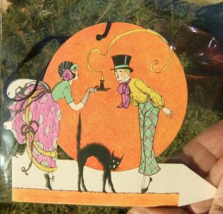 Vntg Art Deco Halloween Bridge Score Tally Card w/ Bohemian Couple & Cat 3