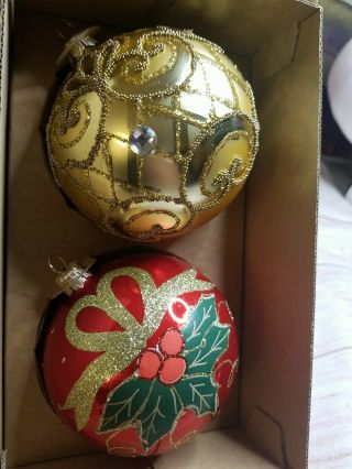 Vtg Set Of 2 Vitbis Large 6 " Polish Glass Ball Christmas Ornaments Red And Gold