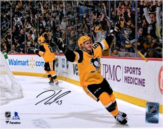 Jake Guentzel Pittsburgh Penguins Signed 8 " X 10 " Gold Jersey Celebration Photo