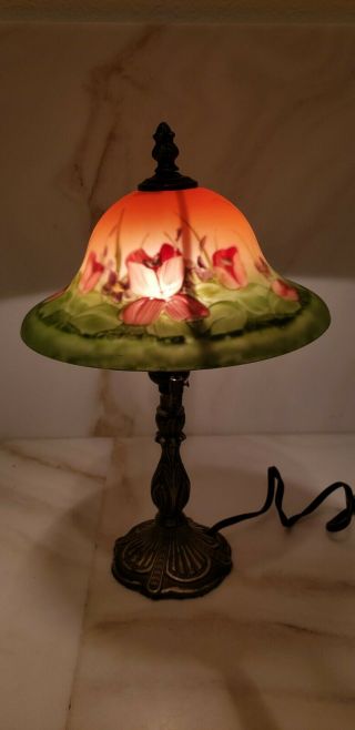Vintage Reverse Hand - Painted Art Glass Lamp Tulip Floral Flower Green W Chip