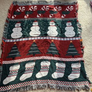 Vintage Crown Crafts Throw Blanket Snowman Candy Cane Christmas 100 Cotton
