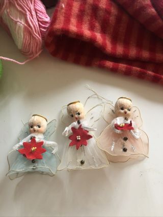 Vintage Christmas Ornaments 4 Angels Nylon Netting Glitter 1950 