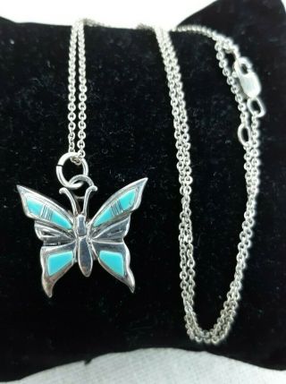Vintage Sterling Silver Turquoise Inlay Butterfly Necklace Pendant Signed