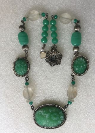 Vintage Art Deco Green And White Glass Beads With Metal Ornate Necklace,  16” Long