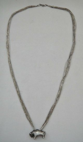 Vintage Sterling Liquid Silver Bead 10 Strand 24 " Necklace,  Buffalo Bison Pendant