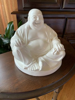 Large 8” Vintage White Statue Smiling Buddha Figurine Glass Ceramic 9” W