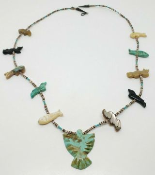 Vintage Old Pawn Zuni Big Hand Carved Turquoise Abalone Eagle Fetish Necklace