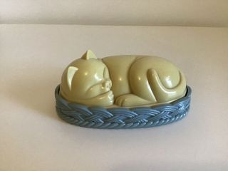 Vintage Cream And Blue Kitten Sleeping In Basket Two Piece Lint Brush 5317