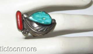 Vintage Navajo Indian Signed Fe Squash Blossom Coral & Turquoise Silver Ring