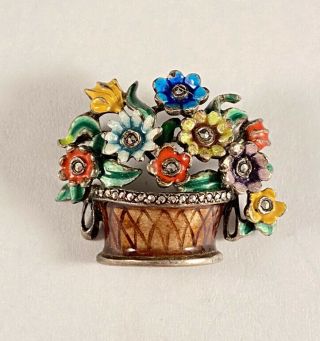 Vintage Alice Caviness Sterling Silver Enamel Marcasite Brooch Pin Flower Basket