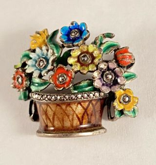 Vintage ALICE CAVINESS Sterling Silver Enamel Marcasite Brooch Pin Flower Basket 2