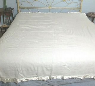 Vintage Bedspread/blanket Ivory Wool Blend - Satin Trim 90 " X 84 " Faribo