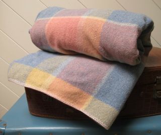 Blanket Pure Wool Check Plaid Pastel 70s Vintage Throw Crib Retro Tartan Caravan