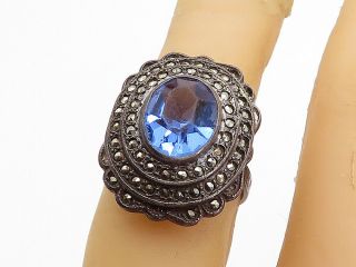 925 Silver - Vintage Victorian Blue Topaz & Marcasite Cocktail Ring Sz 6 - R18874