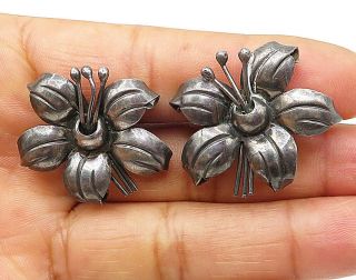 Mexico 925 Silver - Vintage Sculpted Flower Screw Back Huggie Earrings - E4812