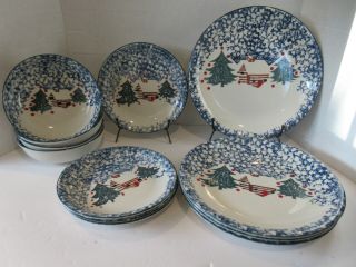 Vintage Folk Craft Cabin In The Snow Tienshan Christmas Dinnerware 12piece Set
