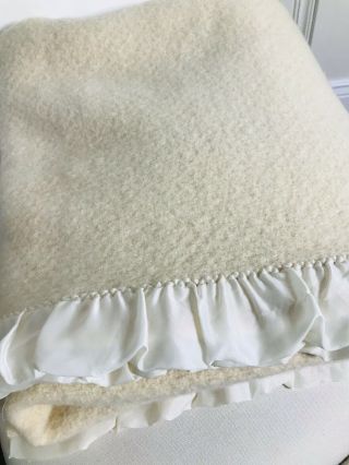 Vintage Faribo Blanket 100 Pure Wool Satin Trim Cream Beige 49x64” Throw